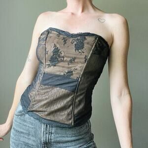 Vintage Y2K Marciano Neiman Marcus Black Mesh Lace Corset Top